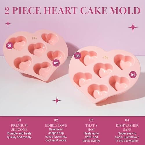 Paris Hilton Heart Silicone Cake Pan, Nonstick Heart Shaped Mold, Oven Safe Bakeware for Cakes, Brownies, and Desserts, 6-Cup, Pink thumbnail 3