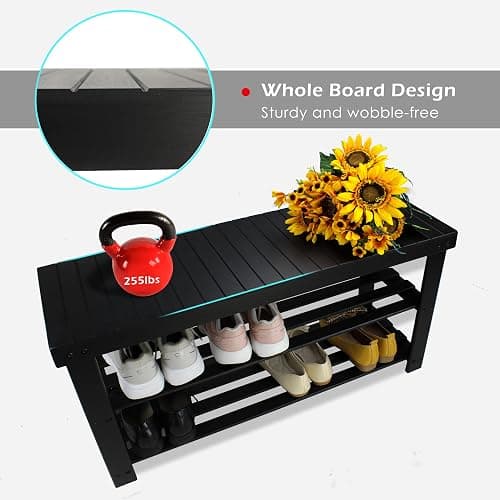 SMIBUY Bamboo Shoe Rack Bench, 3-Tier Shoe Organizer Storage Shelf for Entryway Hallway Bathroom Living Room (Black) - 33.86 x 11.23 x 17.9 inches - Black thumbnail 7