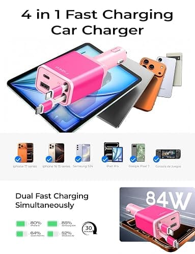 LISEN Retractable Car Charger, 84W Car Charger USB C Fast Charger Adapter, Car Accessories for Men Women, Gifts for Fathers Day for Men Dad Husband, for iPhone 17 16 15 14 13 12 Pro Max, Pink-White thumbnail 6
