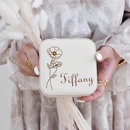 Corissy Personalized Jewelry Box for Women, Custom Travel Jewelry Case with Name and Birth Flower, Leather Jewelry Box for Rings, Earrings, Necklaces, Personalized Gifts for Women thumbnail 4