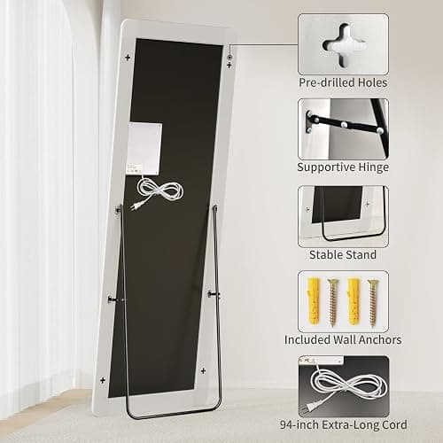 Koonmi LED Full Length Mirror, 56"x20" Full Length Mirror with Lights, Lighted Floor Mirrors with Stand, Full Body Mirrors with Dimming & 3 Color Lightingfor Living Room Cloakroom, White thumbnail 8