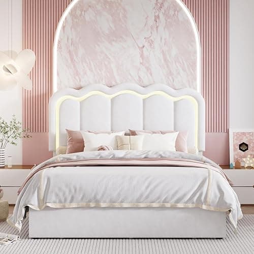 SHA CERLIN Upholstered Queen Size Bed Frame with LED Lights and Large Storage Drawer, Velvet Platform Bed with Adjustable Wavy Headboard, Noise Free, Easy Assembly, No Box Spring Needed, Soft White thumbnail 9