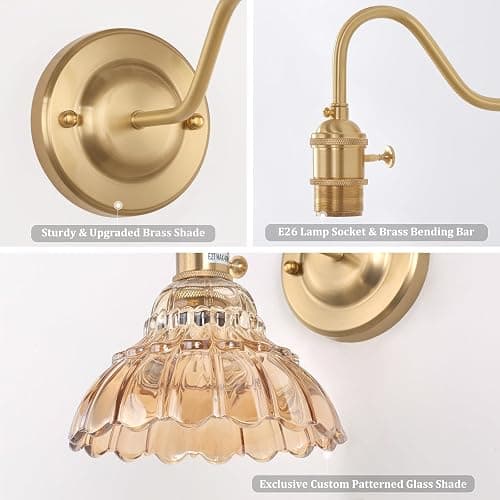 Shenmoyl Battery Operated Wall Sconce Set of 2, Vintage Rechargeable Wall Lights with Amber Lily Glass Shade, Wireless Indoor Wall Lamp with Remote for Bedroom Living Room Bathroom thumbnail 6