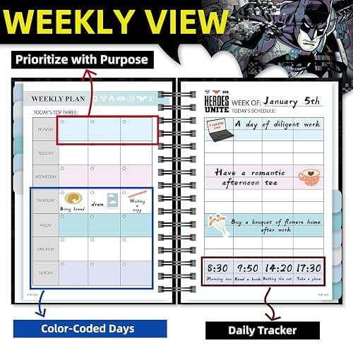 Batman 2026 Planner – Superhero Undated Daily Weekly & Monthly Planner with Calendar & Holiday Tracker, Monthly Tabs, Habit Tracker, 12 Months Spiral Agenda Book for Office School Gift Supplies thumbnail 5