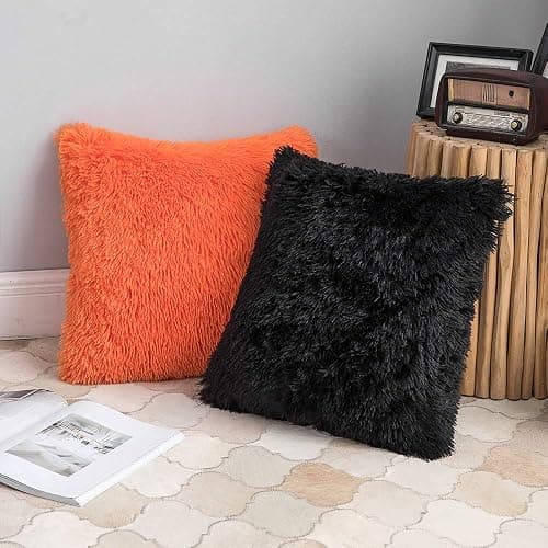 ANRODUO Pack of 2 Black Throw Pillow Covers Luxury Fluffy Pillows Faux Fur Decorative Pillows Plush Cushion Case Fuzzy Mongolian Merin Style for Bed Couch Sofa Living Room Halloween Decor 18x18 Inch thumbnail 5