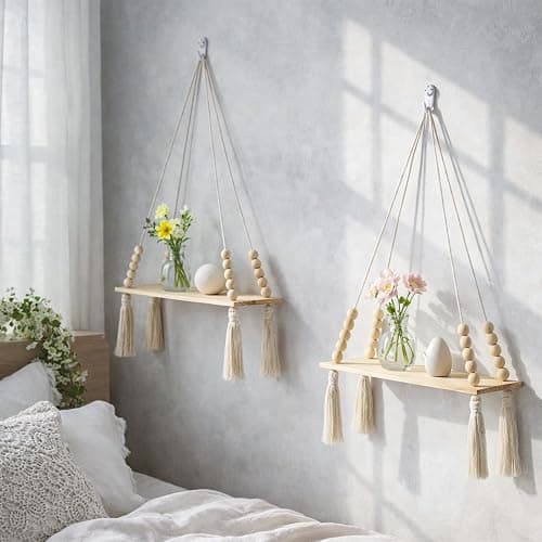 Artilady 2 Pack Wooden Wall Hanging Shelves - Macrame Hanging Plant Shelf with Tassel,Boho Storage Floating Shelves Handmade Rustic Hanger Planter Rack Pot Stand Holder thumbnail 3
