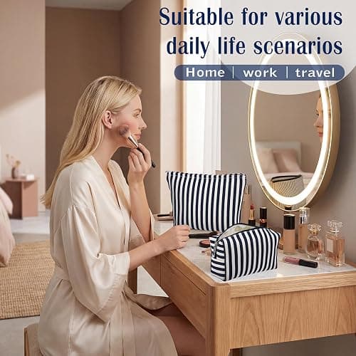 Sadnyy 2 Pcs Navy Blue Striped Makeup Bags Set Canvas Zipper Cosmetic Pouch for Purse Travel Toiletry Organizer Bag Gifts for Mom Women Beach Bridemaids Party Favors thumbnail 6