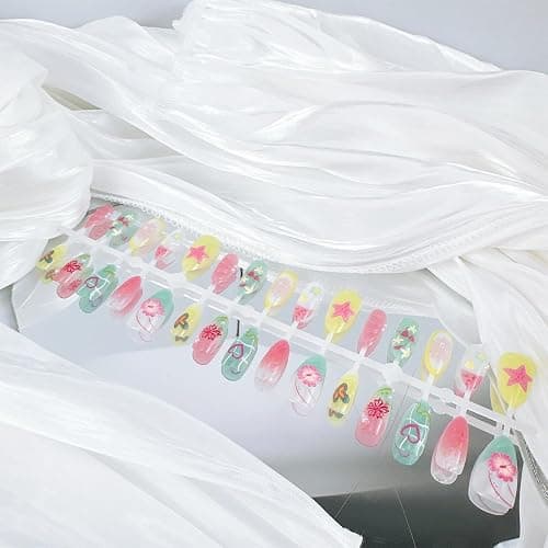 30pcs Summer Press on Nails Medium Almond Fake Nails with 3D Flower Starfish Designs Summer Beach False Nails Pearl Glue on Nails Handmade Full Cover Acrylic Nails Stick on Nails for Women thumbnail 6