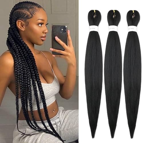 IXIMII Black Pre Stretched Braiding Hair 26 inch 3 packs #1B Prestretched Braids Hair Soft Straight Synthetic Braids Yaki Texture Hair Extensions - Image 1