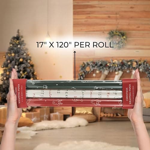 Beautiful Christmas Gift Wrapping Paper Rolls For Small & Medium Size Gifts - Set of 3 Quality Paper Rolls With Cute Designs - Add a Touch of Magic to Every Gift You Wrap - 17 in x 120 in Per Roll thumbnail 5