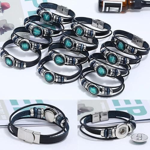 Zodiac Necklace and Bracelet Set Hand Woven Leather Zodiac Bracelet Rectangle 12 Constellation Pendant Necklace Zodiac Sign Jewelry for Women Men thumbnail 7