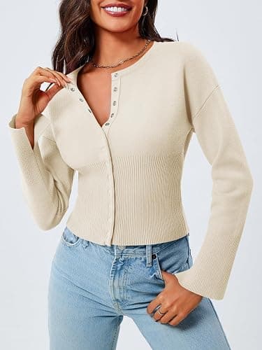 Saodimallsu Womens Cropped Sweaters Button Down Long Sleeve V Neck Ribbed Knit Slim Fit Pullover Crop Tops thumbnail 3