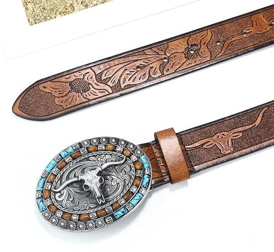 Western-Cowboy-Leather-Belts for Women Turquoise-Oval-Buckle Embossed Cowgirl Belt for Jeans Pants Fit for 27"-41" thumbnail 2