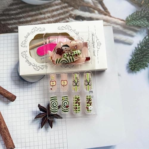 Auroriel 24 Stück Lange Quadratische Press on Nägel Rote und Grüne French Tips mit Glitzer Apfel und Welpen Design Sommer Party Nail Art Wiederverwendbar thumbnail 6