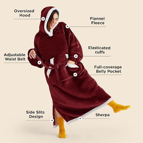 Bedsure Wearable Blanket Hoodie, Long Hooded Blanket Sweatshirt as Christmas Birthday Gifts for Men, Cozy Sherpa Hoodie for Adult, Oversize, Burgundy thumbnail 2