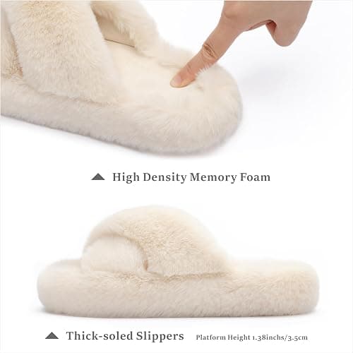 ROOM | Amazon | Chantomoo Women's Slippers Memory Foam House Bedroom Slippers for Women Fuzzy Plush Comfy Faux Fur Lined Slide Shoes Anti-Skid Sole Trendy Gift Slippers - 7-8 - Beige Cross thumbnail 2