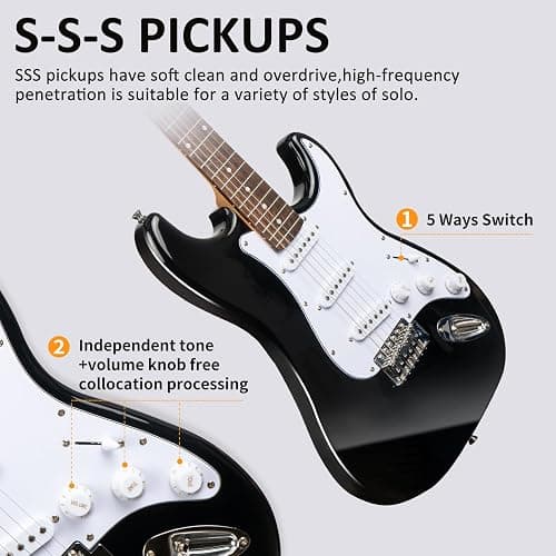 AODSK Electric Guitar with Amp Beginner Kit 39 Inch Solid Body Full Size,All Accessories,Digital Tuner,Six Strings,Four Picks,Tremolo Bar,Strap,Gig Bag,Starter kit (Black-SSS) thumbnail 4