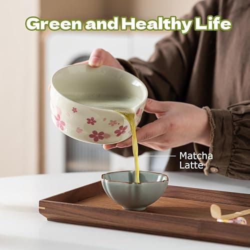 Grnstf Matcha Set 8-Piece Japanese Tea Ceremony Kit with Ceramic Bowl, Bamboo Whisk & Holder, 2 Scoops, Strainer, Tea Cloth - Complete Gift Set for Traditional Brewing(Gradient flower) thumbnail 7