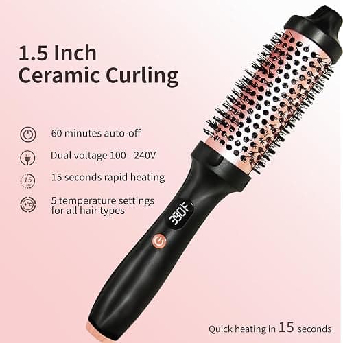 Thermal Brush, Heated Round Brush, Negative lon Heated Curling Brush 1.5 Inch, 3 Temp Settings,15s Heating, Dual Voltage Rose Gold Update Ceramic Tourmaline thumbnail 3
