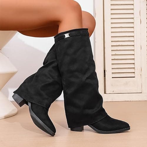 Generisch Tiefel Damen Elegante Form Fold Over Stiefel Slouch Block Heels Dressy Kniestiefel Fashion Stiefel Plateau Chunky Heel Stretch Boots Übergangssaisons, Freizeit, Geschäft, Büroarbeit thumbnail 8
