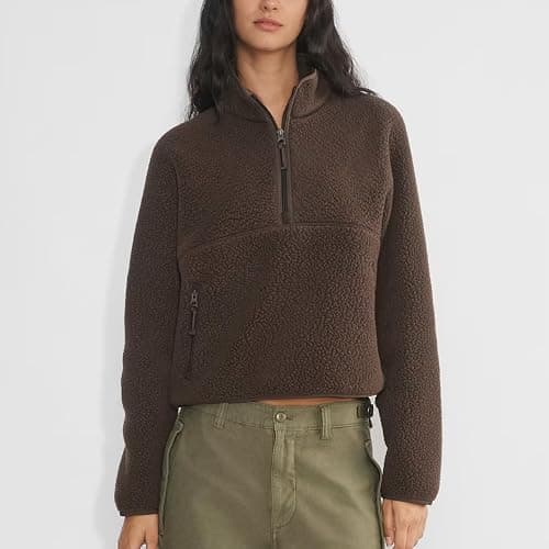 Yioaga Fleece Sweatshirts for Women Cropped Long Sleeve Half Zip Pullover Sherpa Jacket Warm Fuzzy Coats with Pockets thumbnail 2