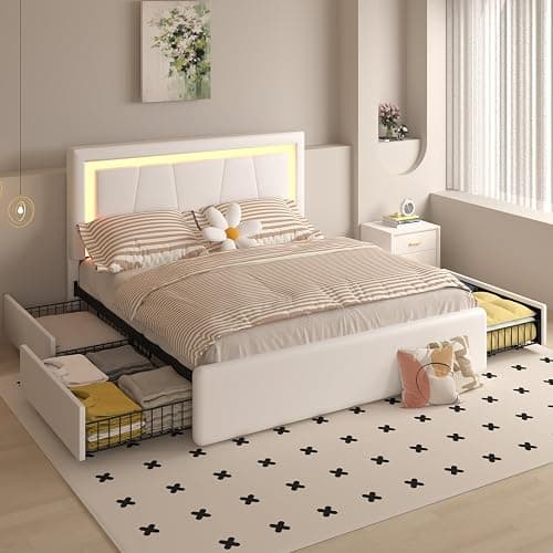 Benevika Full Bed Frame with 4 Storage Drawers and Adjustable Headboard, Upholstered Platform Bed with LED Lights and USB Ports, Solid Wooden Slats Support, Faux Leather, Easy Assembly, Beige thumbnail 3