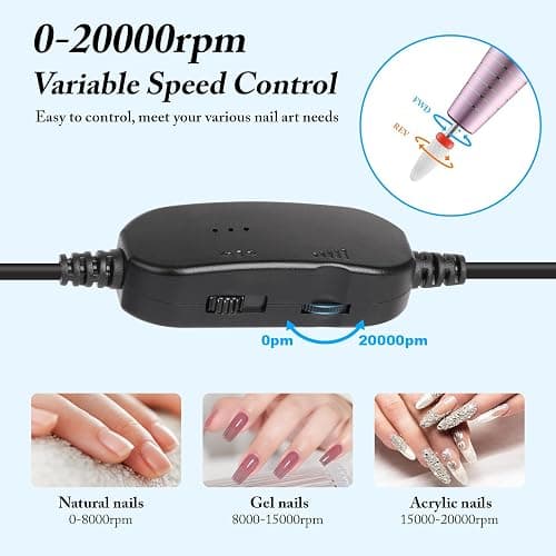 QPVZX Electric Nail File for Gel Nails - Ultra Quiet Manicure Drill, Low Vibration Pedicure Tool Set, Portable Nail Polish Kit for Home Salon, Pink Professional Set thumbnail 6