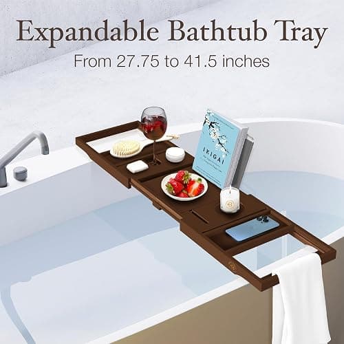 Foldable Bathtub Tray - Expandable Bamboo Bath Caddy with Wine, Book & Tablet Holder - Luxurious Bath Accessories, Perfect Spa Experience - Unique Gifts for Mom, Women, Couples, Housewarming (Brown) thumbnail 7