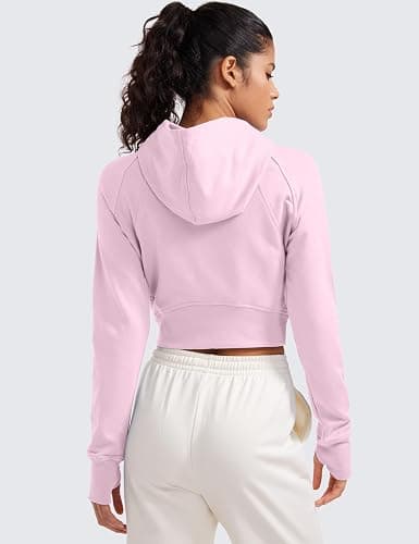 CRZ YOGA Womens Fleece Zip Up Cropped Hoodie Workout Jacket Athletic Casual Long Sleeve Sweatshirts with Thumb Holes - Small - Pink Peony thumbnail 2