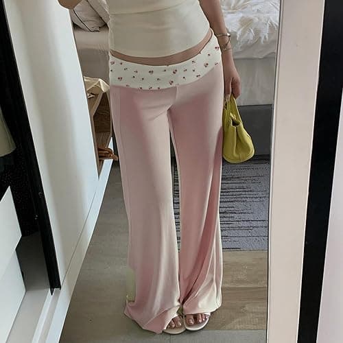 Coquette Cute Fold Over Yoga Pants Women Priscilla Wide Leg Flare Leggings Aesthetic Workout Clothes Y2k Bottoms thumbnail 3