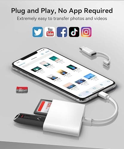 AkHolz SD Card Reader for iPhone iPad Built-in Lightening & USB-C Dual Connectors Card Adapter with SD MicroSD USB-A 3 Slots Trail Camera Memory Card Viewer, Portable No App Required Plug and Play thumbnail 3