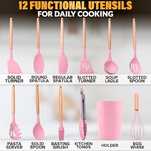 Kitchen Utensils Set with Holder for Nonstick Cookware - 12 Pcs Pink Silicone Cooking Utensils Set, Kitchen Tools for Daily Cooking - Wooden Handle Cooking Tools for Baking Serving and Mixing Tasks thumbnail 2