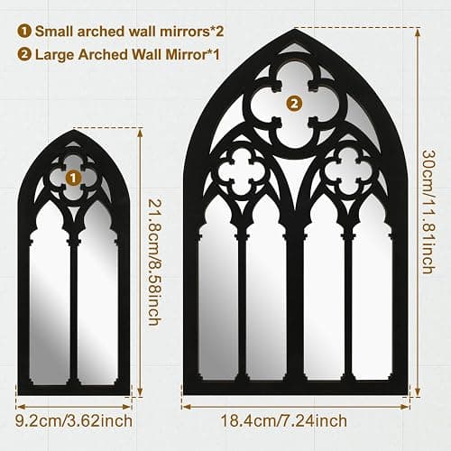 3Pcs Gothic Mirrors Wall Decor, 11.8" Arched Decorative Mirror Wall Mounted Goth Room Decor Vintage Cathedral Window Mirror Indoor Wood Framed Entry Mirror Living Room Bathroom (Model D (3 flowers)) thumbnail 3