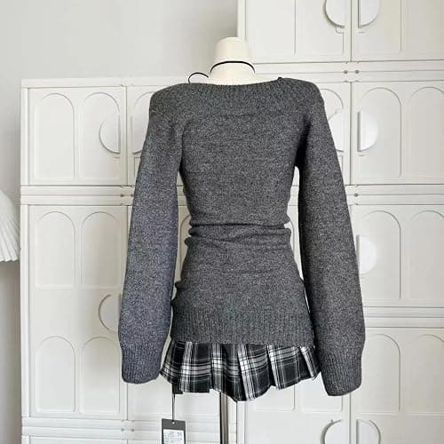 Women Vintage Coquette V-Neck Slim Fit Sweater Y2K Aesthetic Long Sleeve Knitted Pullovers Top thumbnail 7