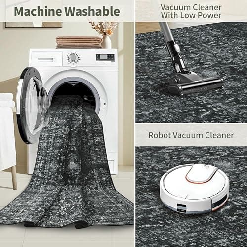 Rugxara 4x6 Rug for Living Room Bedroom, Black Washable Throw Rugs, Vintage Retro Boho Area Rugs, Non Slip & Low Pile Accent Throw Carpet for Indoor Dining Room, Kids Room and Office(Black 4x6ft) thumbnail 5