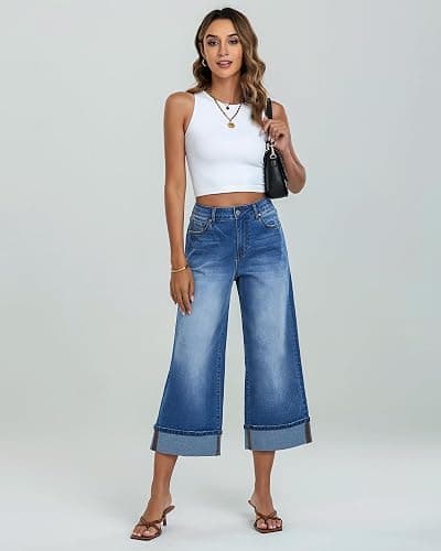 GRAPENT Wide Leg Jeans for Women High Waisted Stretchy Denim Crop Pants Fold Hem Cropped Baggy Jeans with Pockets thumbnail 7