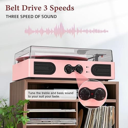 Vinyl Record Player with Built-in Speakers 3-Speed Vintage Record Player Support Treble& Bass Control, 3.5mm Headphone Jack, RCA-Out/Aux in, Belt-Driven LP Turntable,Pink thumbnail 7