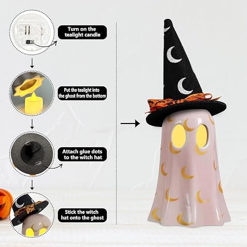 DAZONGE Set of 3 Halloween Ceramic Ghost Halloween Decorations Indoor | Ceramic Ghost Figurines with Witch Hats for Indoor Halloween Decor. Cute Spooky Ghost Decor for Mantel, Shelf or Tabletop thumbnail 5