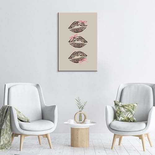 Trendy Leopard Kiss Lips Canvas Wall Art Coquette Pink Bow Poster Vintage Cheetah Aesthetics Prints Paintings Cute Girls Room Wall Decor For Dorm Apartment Bedroom Bathroom 12x16in Wrapped Canvas thumbnail 7