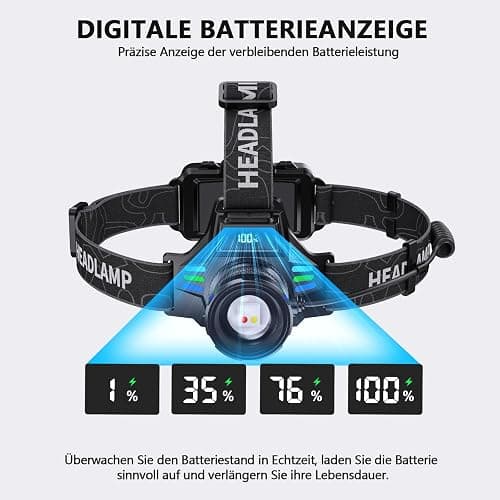 ET Stirnlampe Led Wiederaufladbar mit Weißem/Rotlicht/UV Licht/Schwarzlicht, Extrem Hell Kopflampe mit Batteriebetrieb, 16 Modi, Stirnlampe Wasserdicht für Schutzhelme, Jagd, Erkennung von Tierurin thumbnail 8