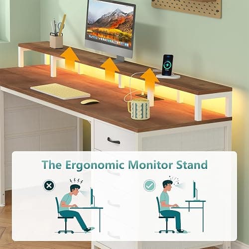 60" Computer Desk with 8 Drawers & Monitor Stand for Home Office, Bedroom | Gaming Desk with LED Lights & Power Outlets, Home Office Desk with 8 Fabric Drawers, Brown & White thumbnail 7