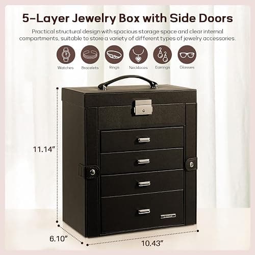 Homde Synthetic Leather Huge Jewelry Box Mirrored Watch Organizer Necklace Ring Earring Storage Lockable Gift Case (Black) thumbnail 3