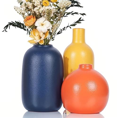 Colorful Ceramic Vase Set, Small Burnt Orange Blue Yellow Vases Home Decor,Fall Décor Modern Farmhouse Vases for Home Decor, Organic Decor Accents for Living Room, Table, Shelf, Entryway, Set of 3 - A