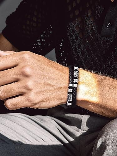 Bandmax Mens Leather Bracelet, Viking Jewellery Black Braided Rope Wristband for Men, Stainless Steel Beaded Double Layer Leather Cord thumbnail 3