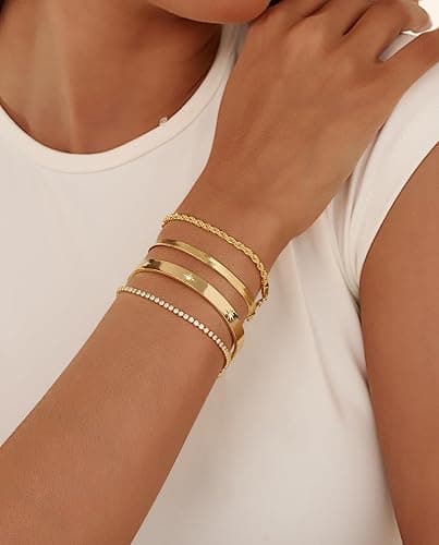 Gold Bracelets for Women 14K Gold Plated Stack Trend Bracelets Charm Paperclip Chain Cuban Link Layered Waterproof Bracelet Dainty Bracelet for Women Jewelry Gifts thumbnail 2