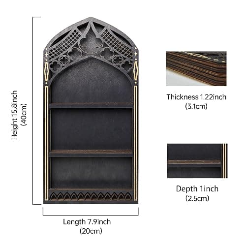 Gothic Window Crystal Shelf Display for Wall, Wooden Gem Stone Rock Storage Holder Trinkets Organizer, Wall Mount Stand Case Box for Witch Wiccan Decor, Spiritual Gift for Home Bedroom Living Room thumbnail 3