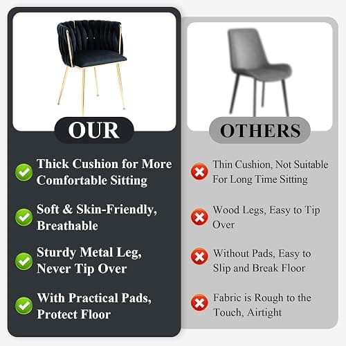 NIOIIKIT Modern Velvet Dining Chairs Hand Weaving Accent Chairs Living Room Chairs Upholstered Side Chair with Golden Metal Legs for Dining Room Kitchen Vanity Living Room (Black) thumbnail 8