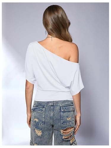 SweatyRocks Women's Off The Shoulder Crop Tops Asymmetrical Y2K Going Out Top Dolman Short Sleeve 2026 Summer Trendy Clothes thumbnail 2