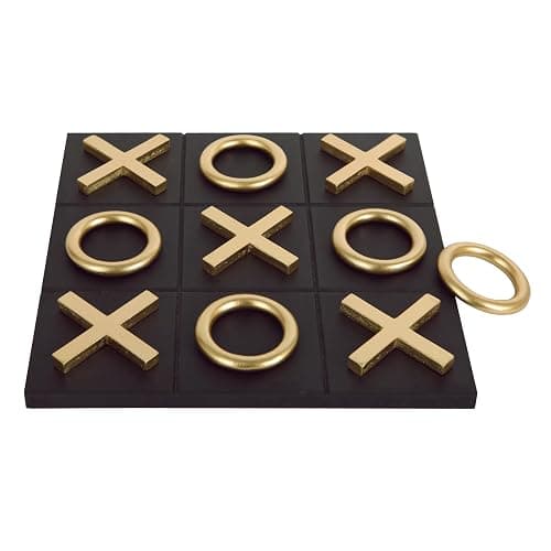 NIKKY HOME 12x12 Inch Tic Tac Toe Wood Game Board Classic Coffee Table Decor Modern Wooden Travel Game for Family, Black & Gold - Black thumbnail 9