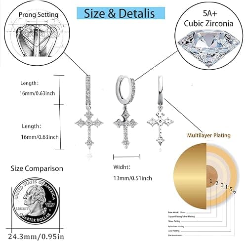 JINAO Cross Hoop Dangle Earrings for Men Women | 14K Gold Silver Plated, 5A+ Cubic Zirconia, Hypoallergenic 925 Sterling Silver Post, Religious Christian Jewelry thumbnail 2